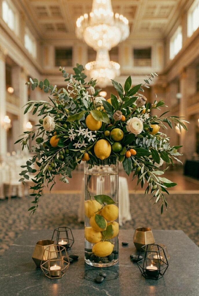 Portrait 2:3Fruit and foliage centerpiece with lemons and greenery in clear vase