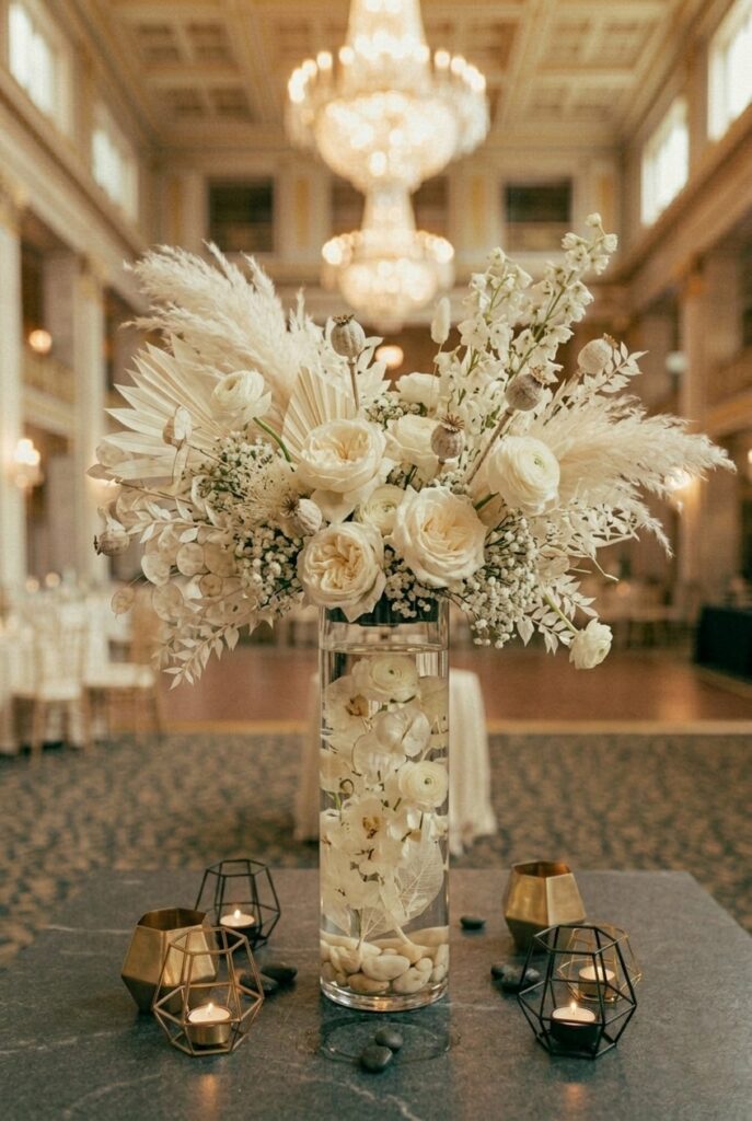 Portrait 2:3Monochromatic white and cream tonal arrangement with texture variation