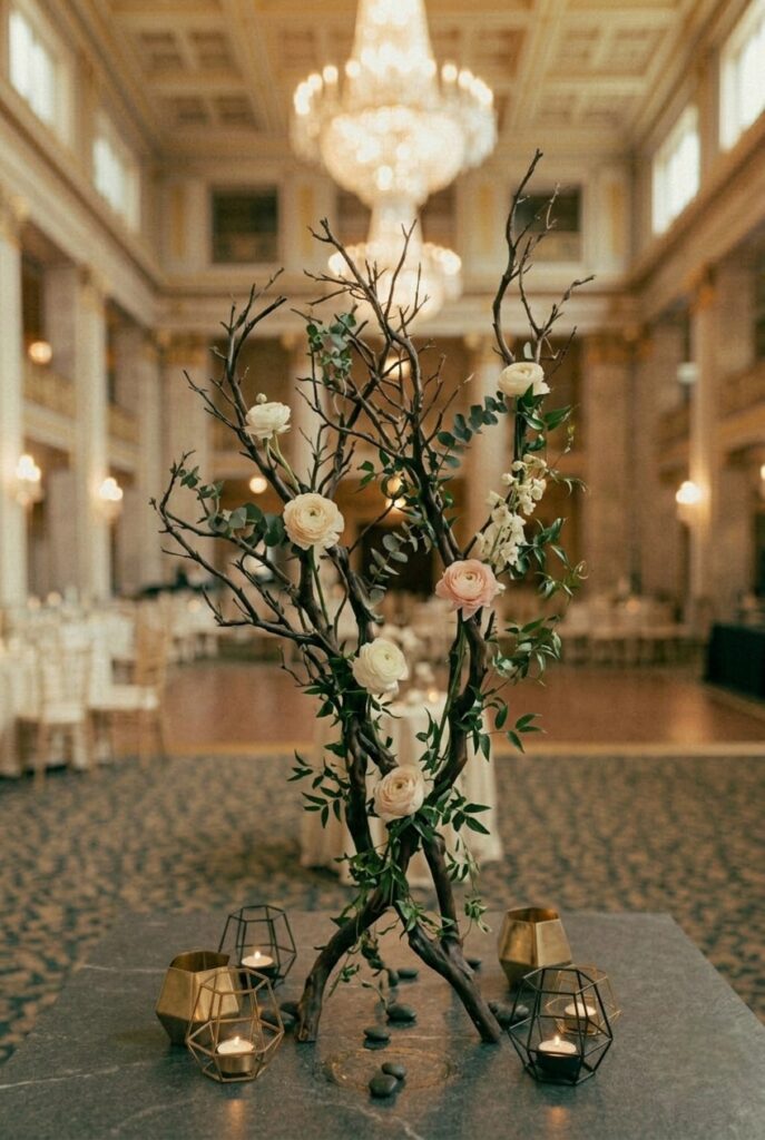 Portrait 2:3Tall branch structure with minimal florets and scattered greenery