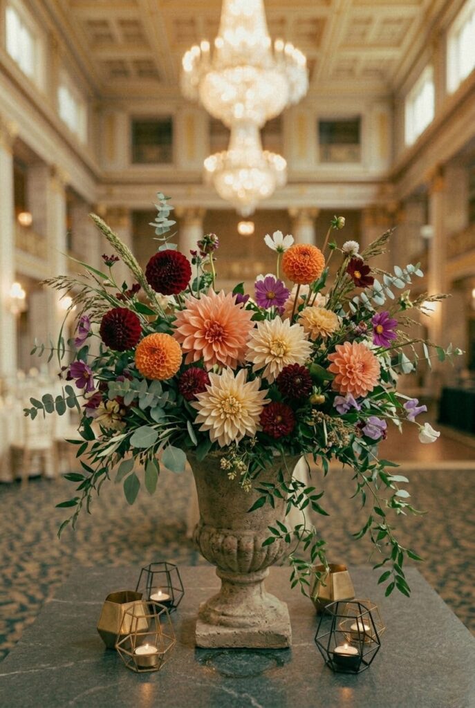 Portrait 2:3Seasonal botanical arrangement showing summer dahlia mix