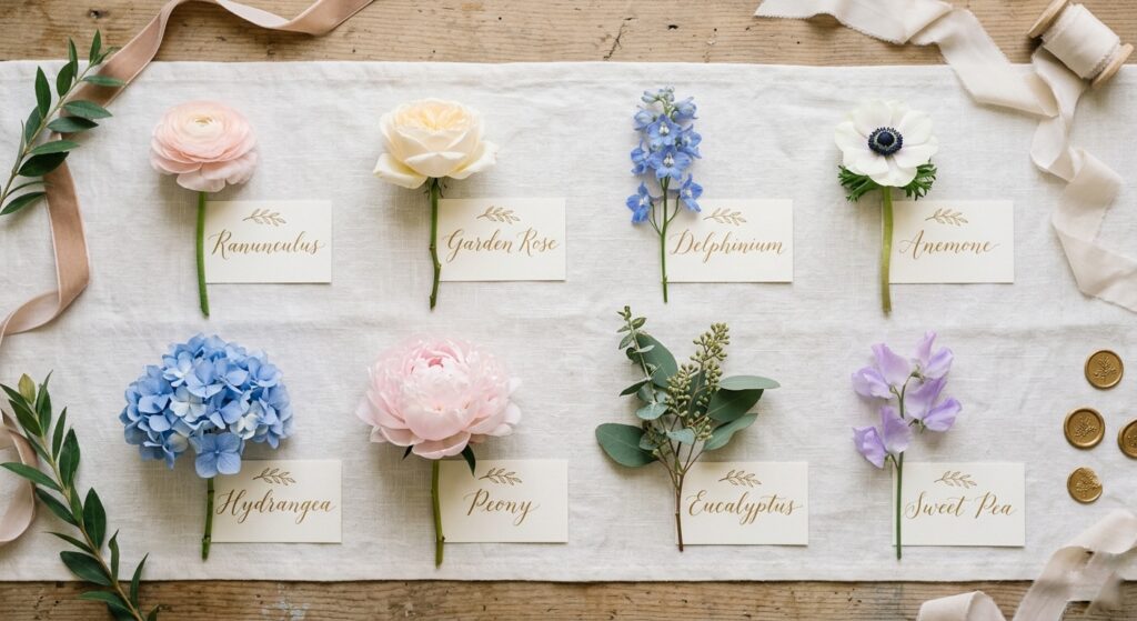 Flat-lay of 8 individual wedding centerpiece flowers labeled with names