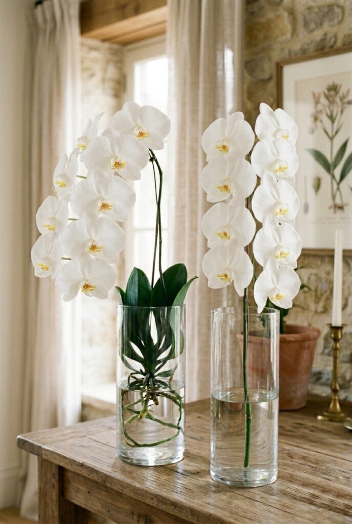 Portrait 2:3White and blush orchids in transparent vases showing lasting form
