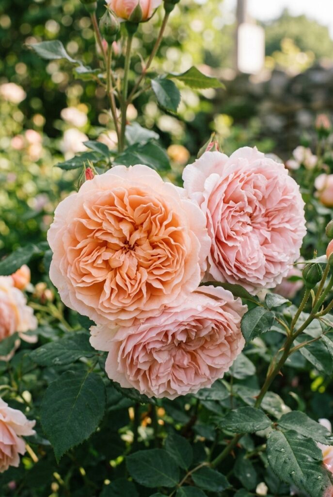 Portrait 2:3Garden roses in full bloom showing ruffled peach and blush petals