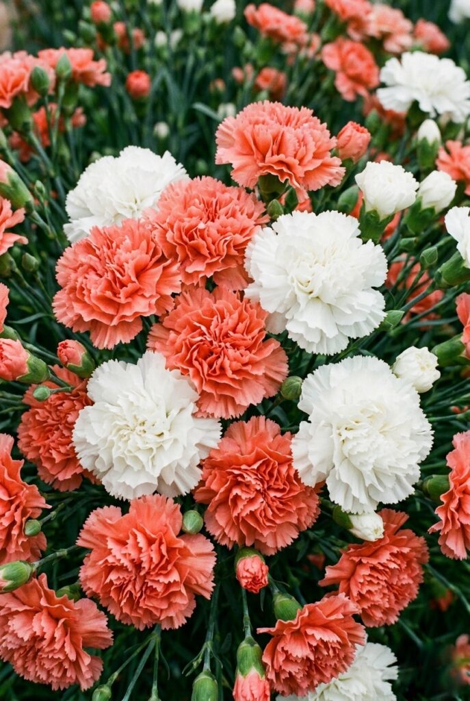 Portrait 2:3Full carnations in coral and white showing texture fullness