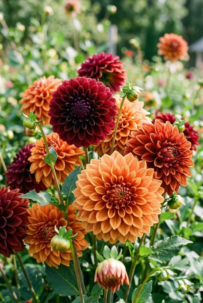 Portrait 2:3Dahlias in orange and burgundy showing detailed petal structure