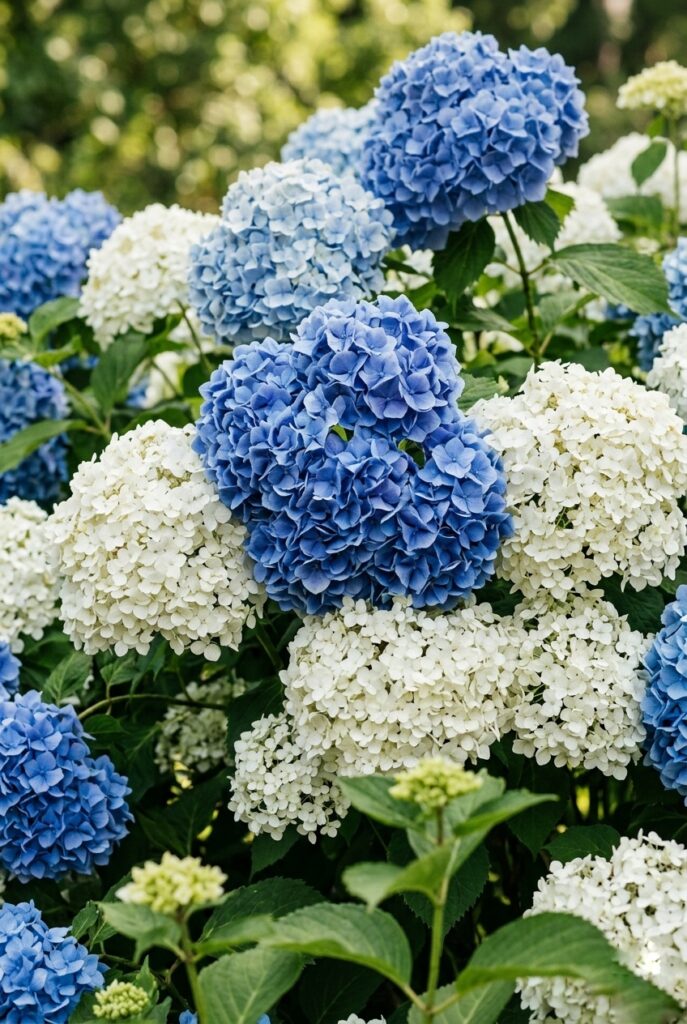 Portrait 2:3Blue and white hydrangeas showing large-head bulk