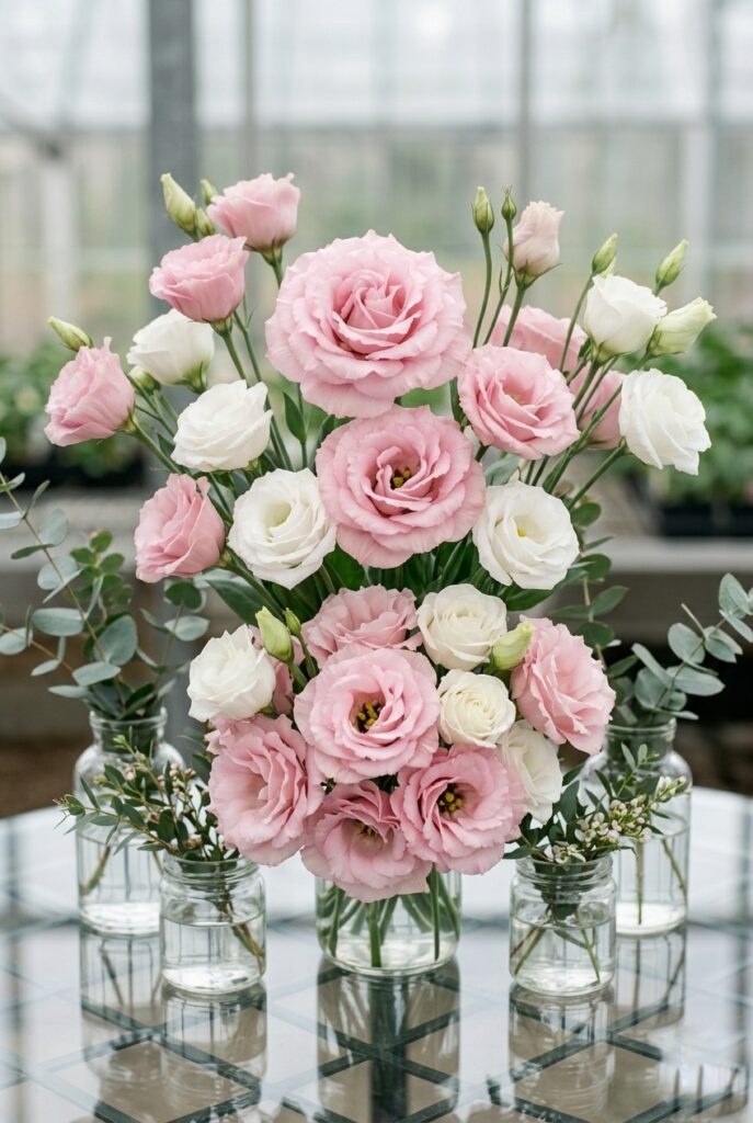 Portrait 2:3Lisianthus in soft pink and white showing rose-like softness