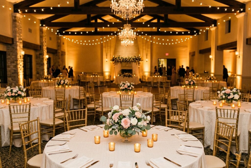 Alt text: Elegant wedding reception with round tables featuring low garden rose and eucalyptus centerpieces surrounded by votive candles in a ballroom setting
