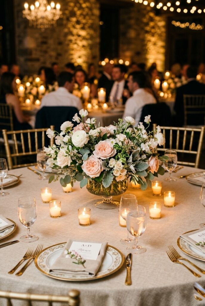 Alt text: Round wedding reception table with a low blush floral centerpiece surrounded by a ring of glowing glass votive candles on a linen tablecloth