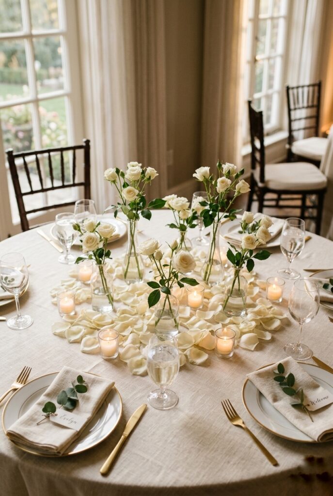 Alt text: Round wedding table with scattered bud vases, candles, and rose petals instead of one central centerpiece