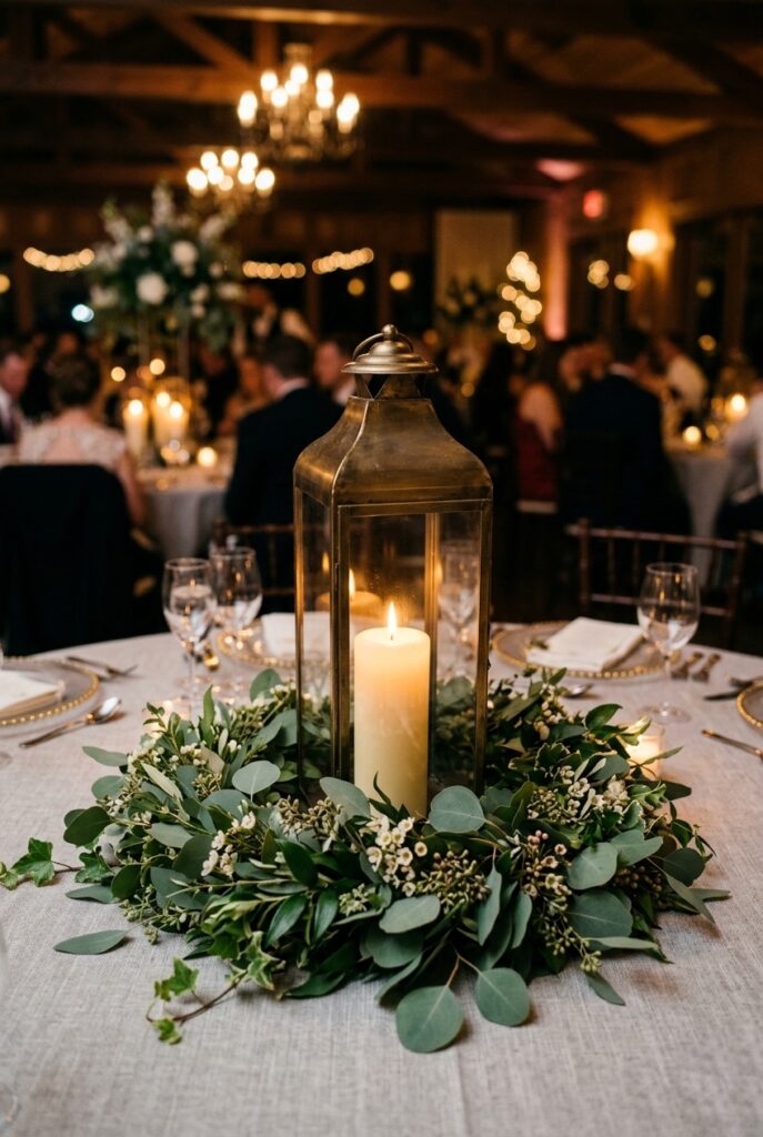 Alt text: Round wedding table centerpiece with eucalyptus wreath surrounding a brass lantern and pillar candle