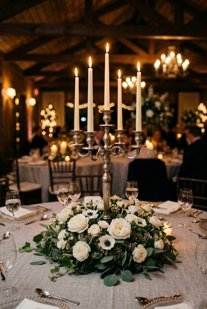 Alt text: Elegant wedding centerpiece with silver candelabra and low white floral collar on a round reception table.