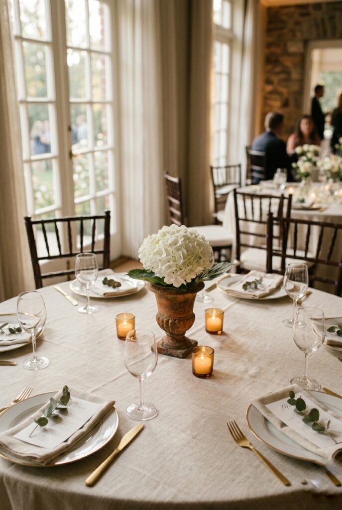 Alt text: Simple wedding centerpiece with one white hydrangea bloom in a terracotta urn with votive candles.