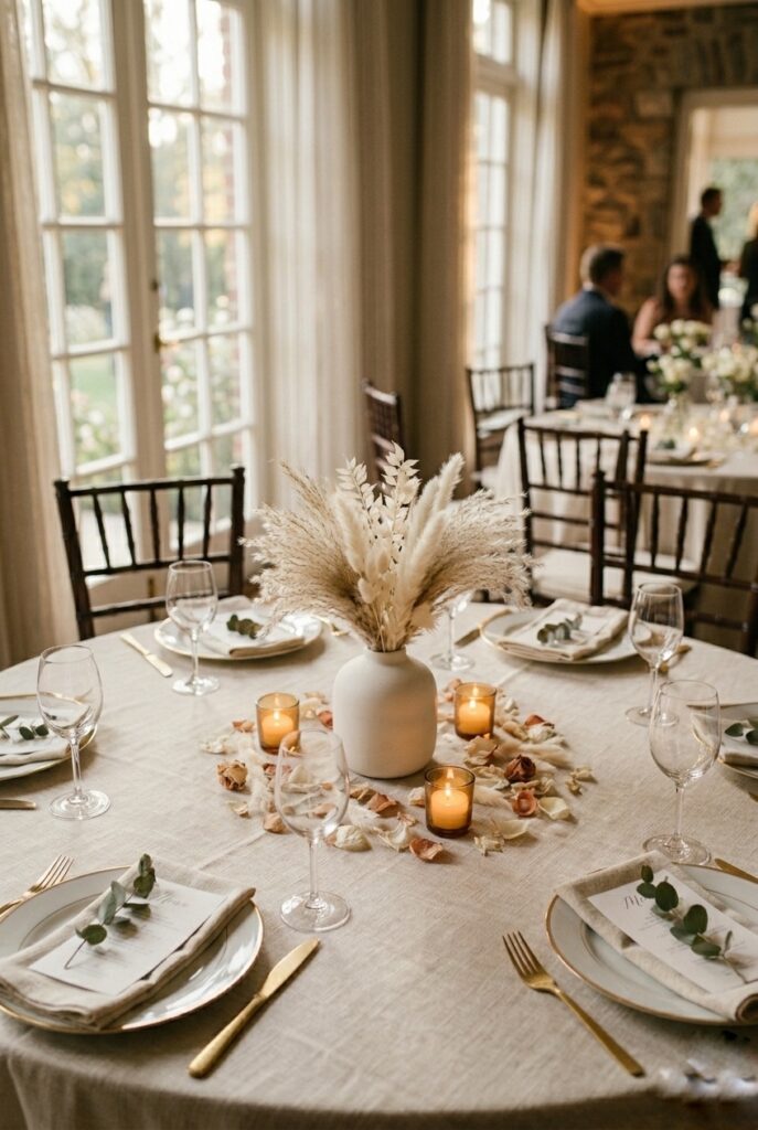 Alt text: Boho wedding centerpiece with dried pampas grass and bleached ruscus in a matte ceramic vase