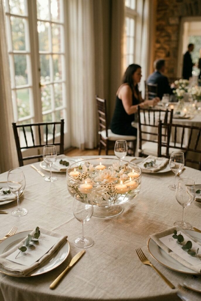 Alt text: Romantic submerged flower centerpiece with floating candles in a glass bowl on a round table