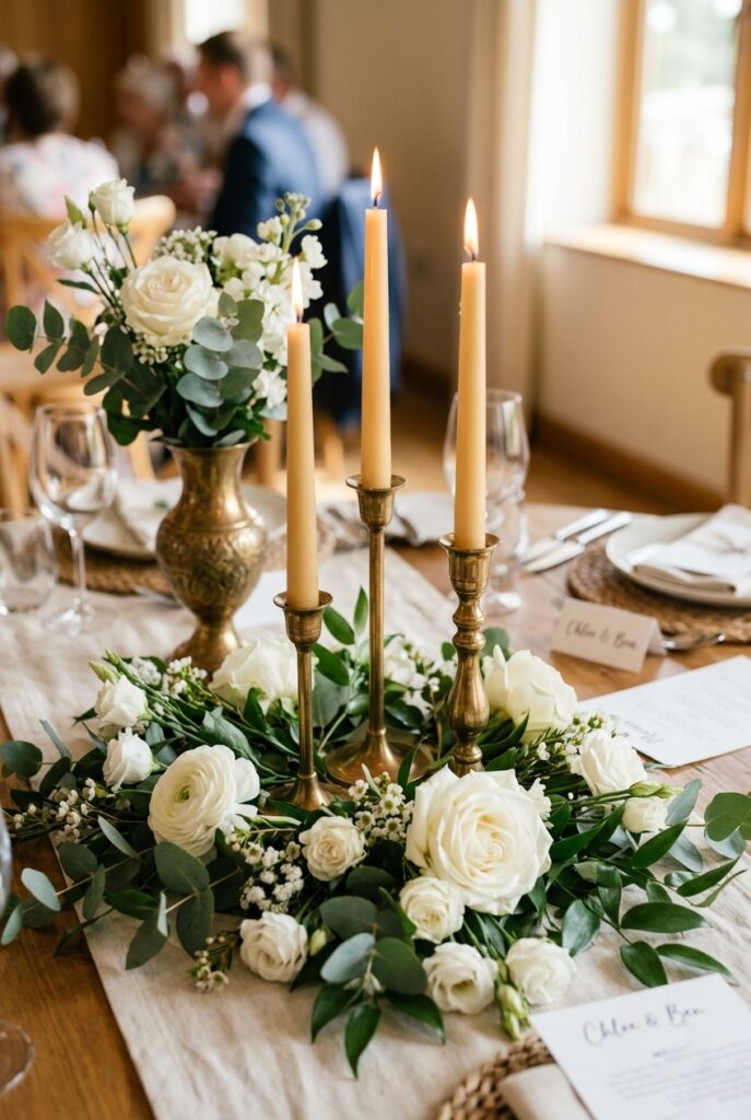 Alt text: Modern round wedding centerpiece with tiered brass candleholders and eucalyptus greenery base