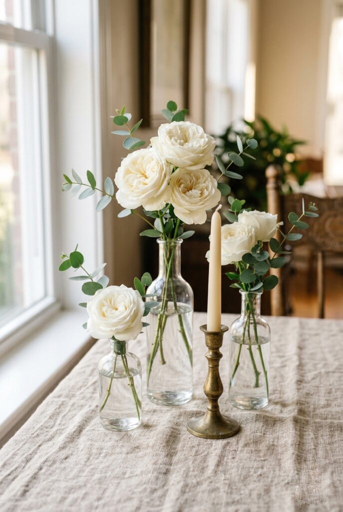 Alt text: Three clear glass bud vases with white garden roses and eucalyptus arranged together on a wedding reception table.