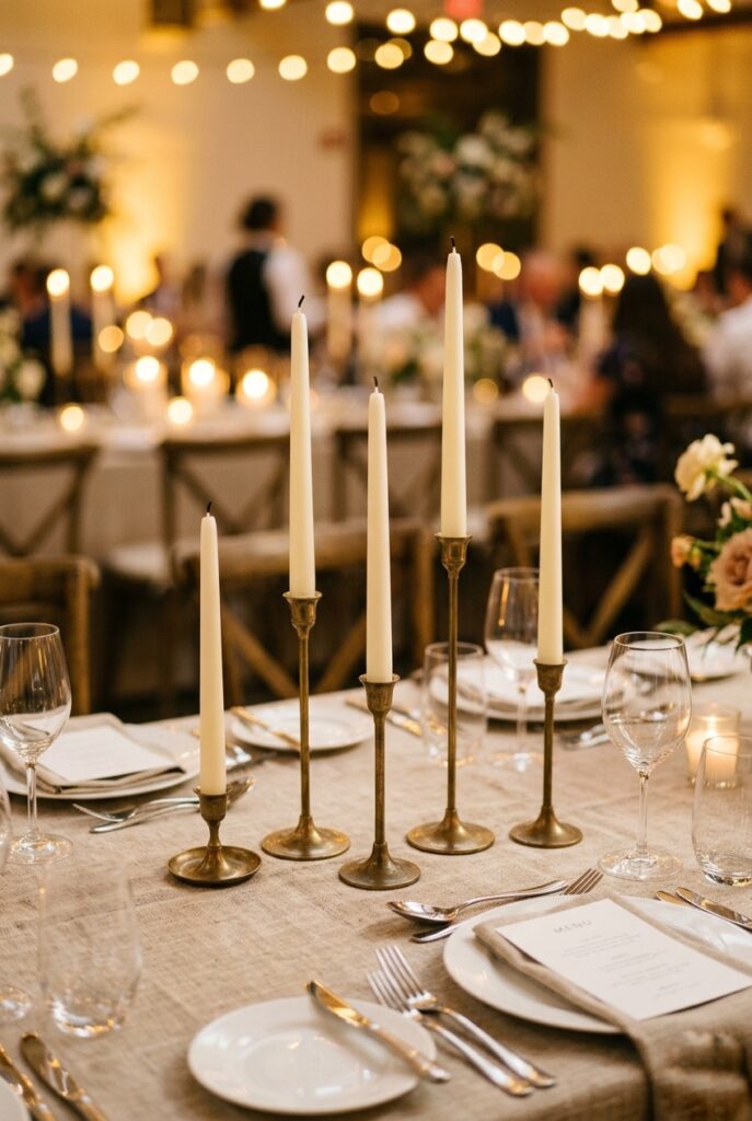 Alt text: Ivory taper candles in brass holders at varying heights on a linen reception table.