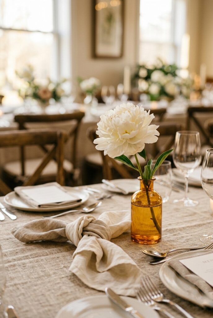 Alt text: Knotted linen napkins with a white peony stem in a small amber vase.