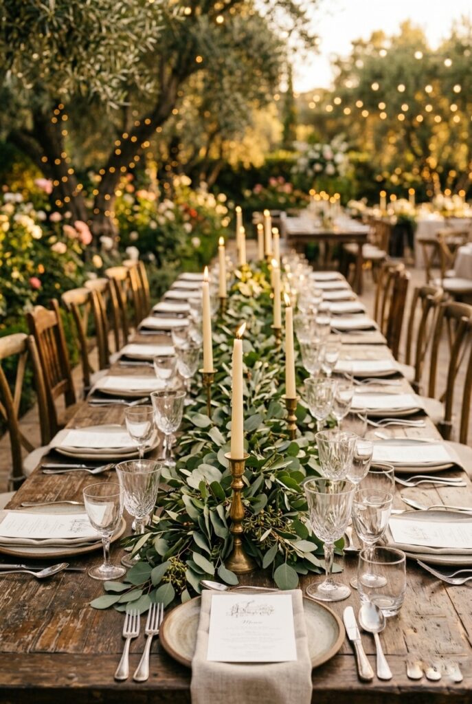 Alt text: Eucalyptus garland runner with taper candles on a rustic wedding table.