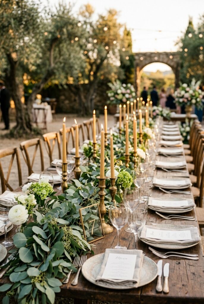Alt text: White hydrangea centerpiece in a short glass vase with tea lights.