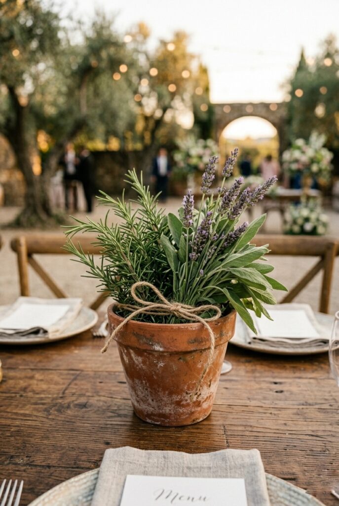Alt text: Rosemary, lavender, and sage bundle centerpiece in a terracotta pot.
