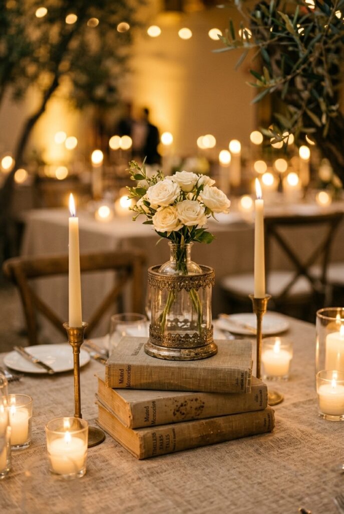 Alt text: Antique books stacked with a small vase of white flowers on top.