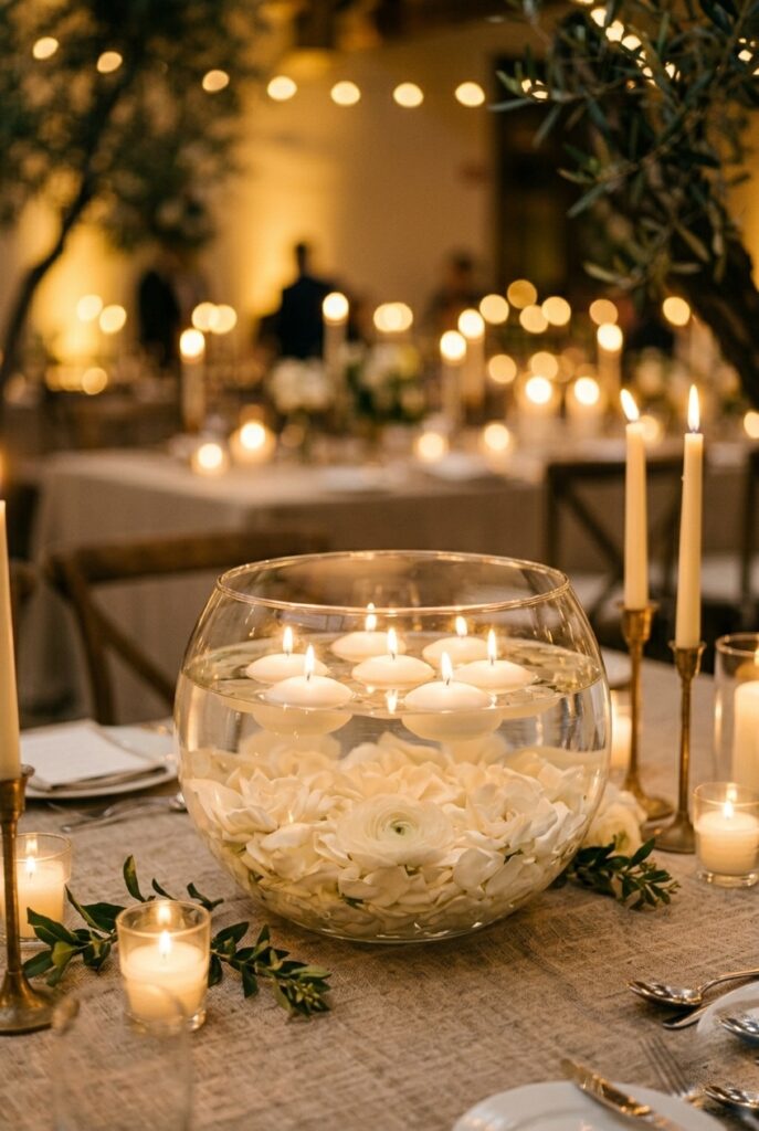 Alt text: Floating candles and white rose petals in a glass bowl centerpiece.
