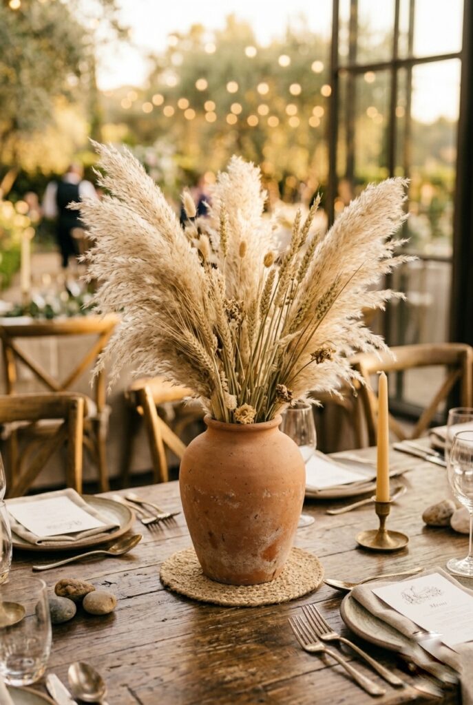 Alt text: Pampas grass and dried wheat centerpiece in a terracotta vase.