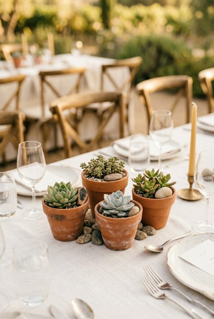 Alt text: Cluster of small terracotta succulent pots on a wedding table.