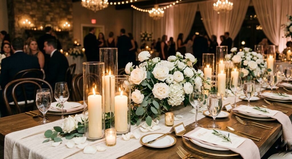 Elegant reception table with pillar candles in glass hurricanes, white roses, warm candlelight