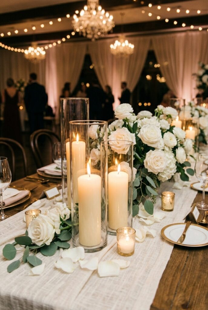 Portrait 2:3Pillar candles in clear glass hurricane vases surrounded by white flowers