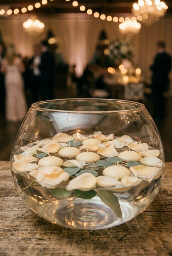 Portrait 2:3Floating candles in a clear glass bowl with rose petals and water