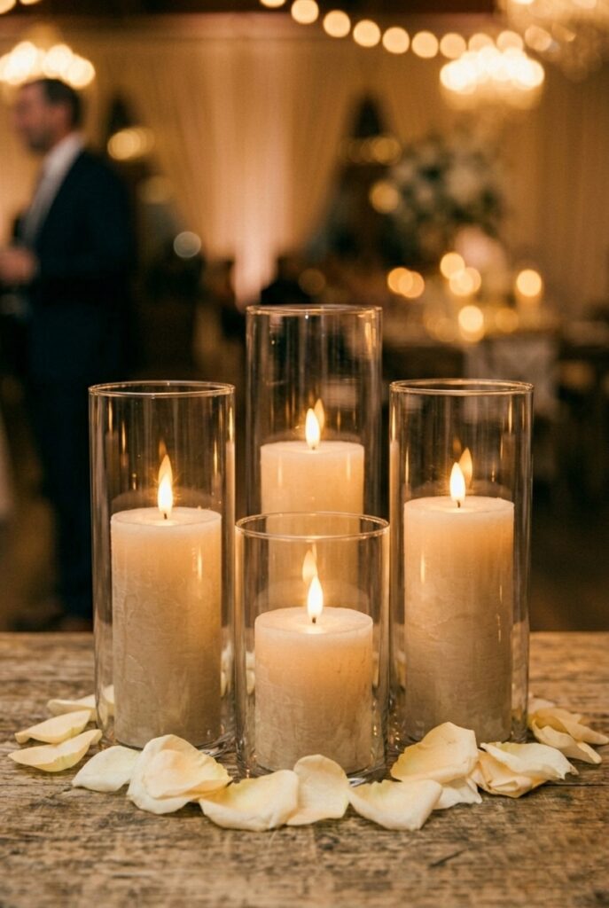 Portrait 2:3LED pillar candles in glass hurricanes looking identical to real candles