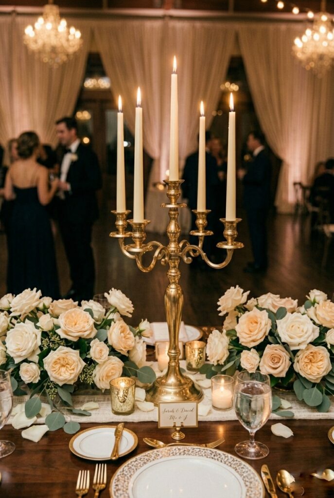Portrait 2:3Multi-armed candelabra with cream taper candles on an elegant table