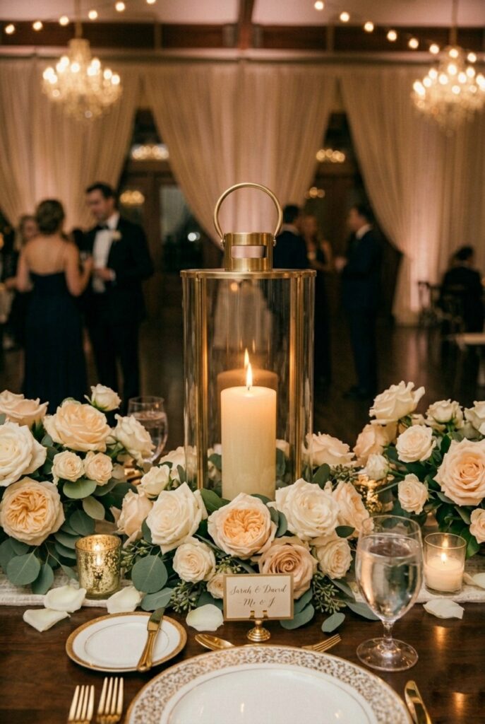 Portrait 2:3Glass lantern with pillar candle inside, surrounded by greenery