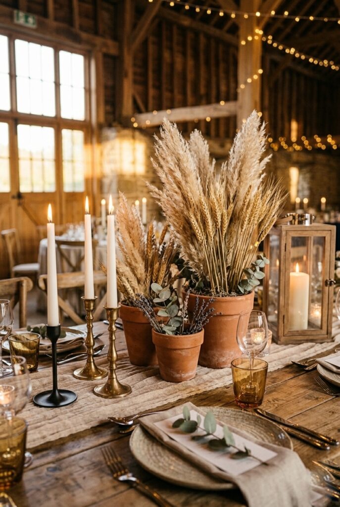 IMAGE 1 HERE Alt text: Terracotta pots filled with dried pampas grass and wheat stems as rustic wedding centerpieces on a farm table Image prompt: Photorealistic portrait shot of a rustic wedding table centerpiece featuring three terracotta clay pots of varying heights, filled with tall dried pampas grass plumes and golden wheat stalks. Small sprigs of dried lavender and eucalyptus tucked in at the base. Set on a linen runner on a wooden farm table with simple white dinner plates and amber glassware. Soft natural window light from the left side, warm afternoon glow. No text overlays. Generate in vertical portrait orientation, 2:3 aspect ratio, optimized for mobile display.