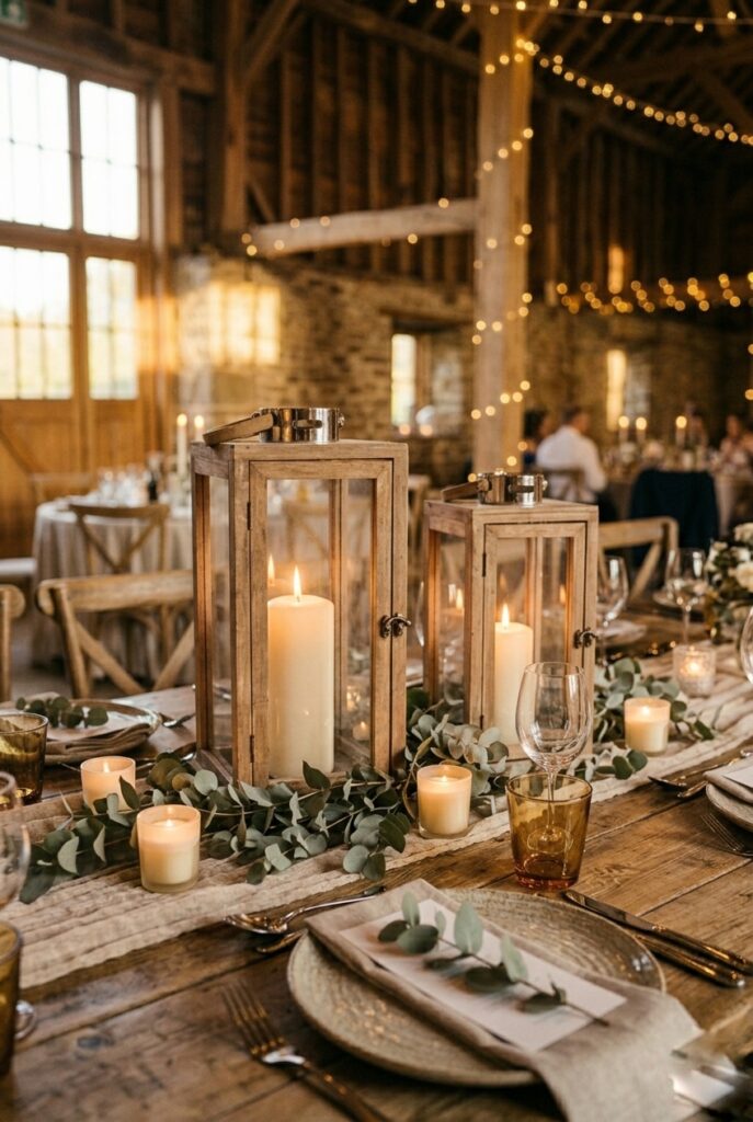 IMAGE 2 HERE Alt text: Wooden farmhouse lanterns with white pillar candles and eucalyptus sprigs as centerpieces at a rustic wedding reception Image prompt: Photorealistic portrait shot of a rustic wedding table centerpiece with two natural wood-finish farmhouse lanterns of different heights holding white pillar candles, surrounded by loose eucalyptus sprigs and three small cream votive candles. Candlelight creates warm amber glow across the wooden table surface. Warm romantic candlelit atmosphere with soft background bokeh of other reception tables. No text overlays. Generate in vertical portrait orientation, 2:3 aspect ratio, optimized for mobile display.