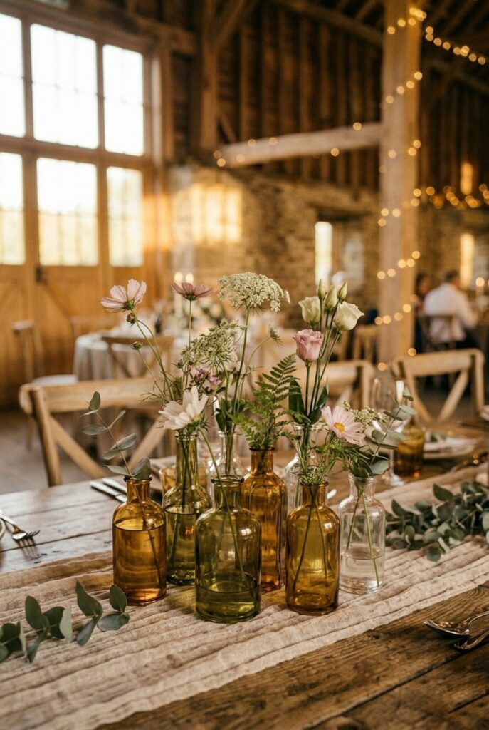 IMAGE 3 HERE Alt text: Cluster of mismatched amber and green vintage glass bud vases with wildflowers and greenery as rustic table centerpiece Image prompt: Photorealistic portrait shot of a rustic wedding centerpiece featuring seven to nine mismatched glass bud vases in amber, green, and clear glass at varying heights, each holding two or three stems of wildflowers — cosmos, Queen Anne's lace, lisianthus — with loose eucalyptus and fern fronds. Arranged in a loose organic cluster on a wooden farm table with linen runner. Soft natural window light, warm afternoon tone. No text overlays. Generate in vertical portrait orientation, 2:3 aspect ratio, optimized for mobile display.