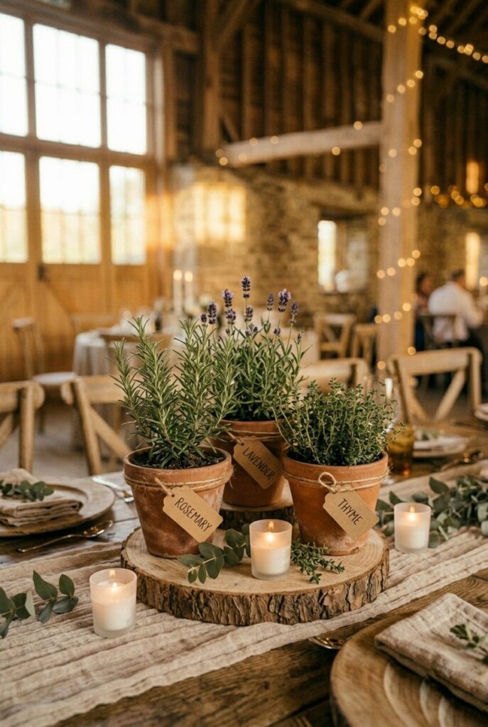 IMAGE 4 HERE Alt text: Potted rosemary, lavender, and thyme plants as rustic wedding living centerpieces with kraft paper labels and twine Image prompt: Photorealistic portrait shot of a rustic wedding table centerpiece featuring three small terracotta pots of living herbs — rosemary, lavender, and thyme — arranged at different heights on a round wood slice. Small kraft paper labels with hand-lettered herb names. Surrounded by two small white votive candles. Soft natural window light, warm and earthy tone. Linen napkins and wooden chargers visible in background. No text overlays. Generate in vertical portrait orientation, 2:3 aspect ratio, optimized for mobile display.