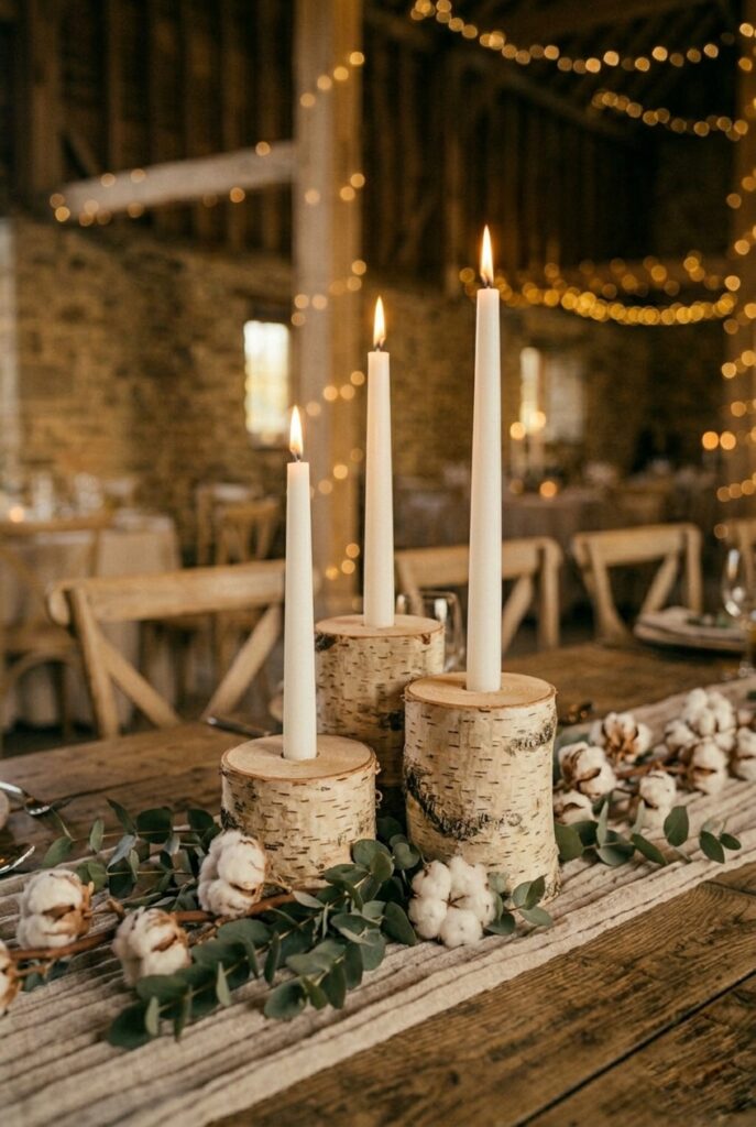 IMAGE 5 HERE Alt text: Birch log slice candle holders with white taper candles and eucalyptus at rustic barn wedding table Image prompt: Photorealistic portrait shot of rustic wedding centerpiece with three natural birch log rounds used as candle holders for tall white taper candles at varying heights — 8", 12", and 16" — with loose eucalyptus and dried cotton stems scattered at the base. Warm romantic candlelit atmosphere, soft amber background bokeh. Wooden farm table surface visible. No text overlays. Generate in vertical portrait orientation, 2:3 aspect ratio, optimized for mobile display.