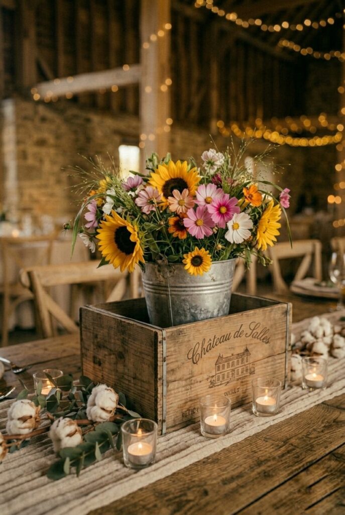 IMAGE 6 HERE Alt text: Wooden wine crate with galvanized metal bucket of wildflowers as rustic wedding centerpiece on farm table Image prompt: Photorealistic portrait shot of a rustic wedding table centerpiece featuring a weathered wooden wine crate with a small galvanized metal bucket nestled inside, filled with sunflowers, cosmos, and loose greenery. The crate is slightly tilted on the table to show its natural wood texture. A few small votives placed around the arrangement. Soft natural window light, warm and earthy tones. No text overlays. Generate in vertical portrait orientation, 2:3 aspect ratio, optimized for mobile display.