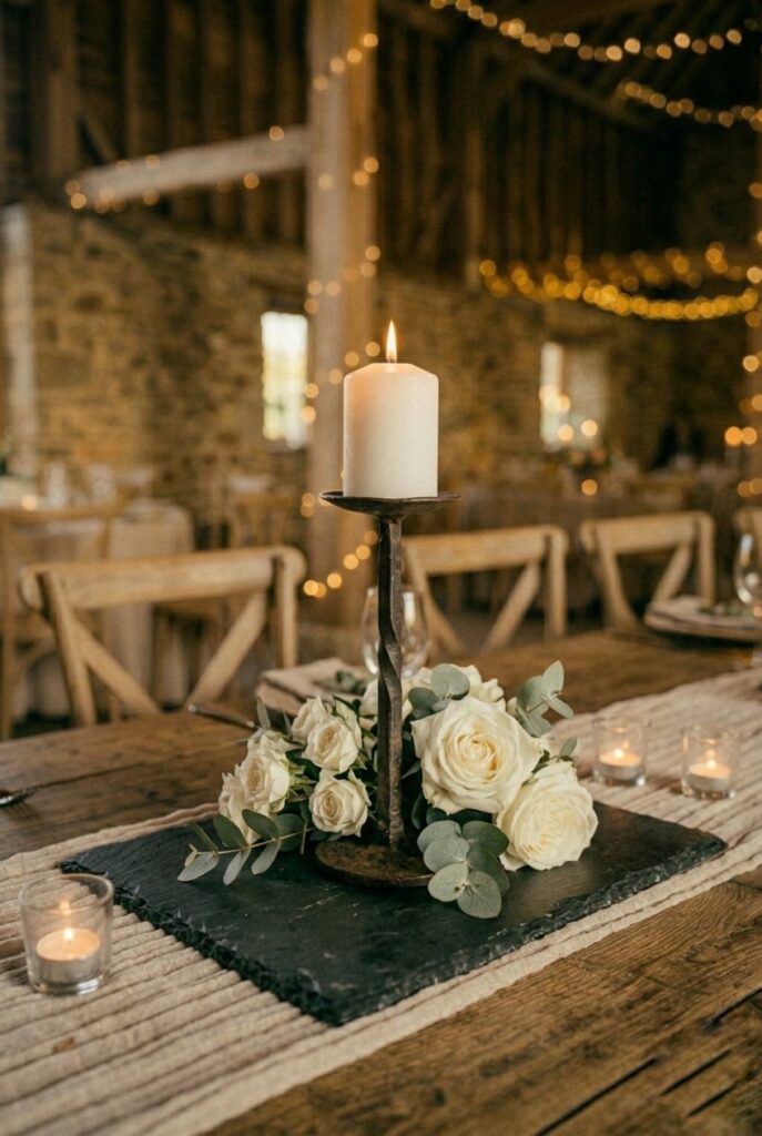 IMAGE 7 HERE Alt text: Rustic wedding centerpiece with slate tile base, iron candlestick, white flowers, and eucalyptus for dark contrast Image prompt: Photorealistic portrait shot of a rustic wedding table centerpiece with a rough slate tile used as a base under a tall iron candlestick holding a white pillar candle, flanked by a small cluster of white garden roses and eucalyptus sprigs. The slate's dark gray tone creates rich visual contrast against the lighter flowers and linen. Warm romantic candlelit atmosphere. Wooden farm table surface visible. No text overlays. Generate in vertical portrait orientation, 2:3 aspect ratio, optimized for mobile display.
