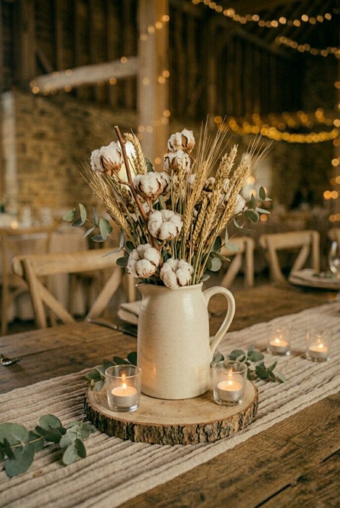 IMAGE 8 HERE Alt text: Ceramic stoneware jug with dried cotton bolls, wheat stems, and eucalyptus as rustic wedding table centerpiece Image prompt: Photorealistic portrait shot of a rustic wedding centerpiece with a matte cream ceramic stoneware jug filled with dried cotton bolls on stems, dried wheat stalks, and a few sprigs of eucalyptus. Set on a wood slice with two small votive candles placed nearby. Warm romantic candlelit atmosphere with soft amber background bokeh. No text overlays. Generate in vertical portrait orientation, 2:3 aspect ratio, optimized for mobile display.