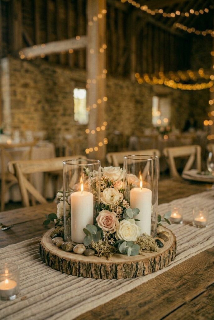 IMAGE 9 HERE Alt text: Rustic wedding table centerpiece with wood slice base holding candles and flowers on a farm table Image prompt: Photorealistic portrait shot of a rustic wedding table centerpiece setup using a natural wood slice round as a base, supporting two pillar candles in glass hurricanes and a small cluster of white and blush flowers with eucalyptus. Small river rocks and moss scattered around the candles on the wood slice. Warm romantic candlelit atmosphere. Wooden farm table visible in background. No text overlays. Generate in vertical portrait orientation, 2:3 aspect ratio, optimized for mobile display.