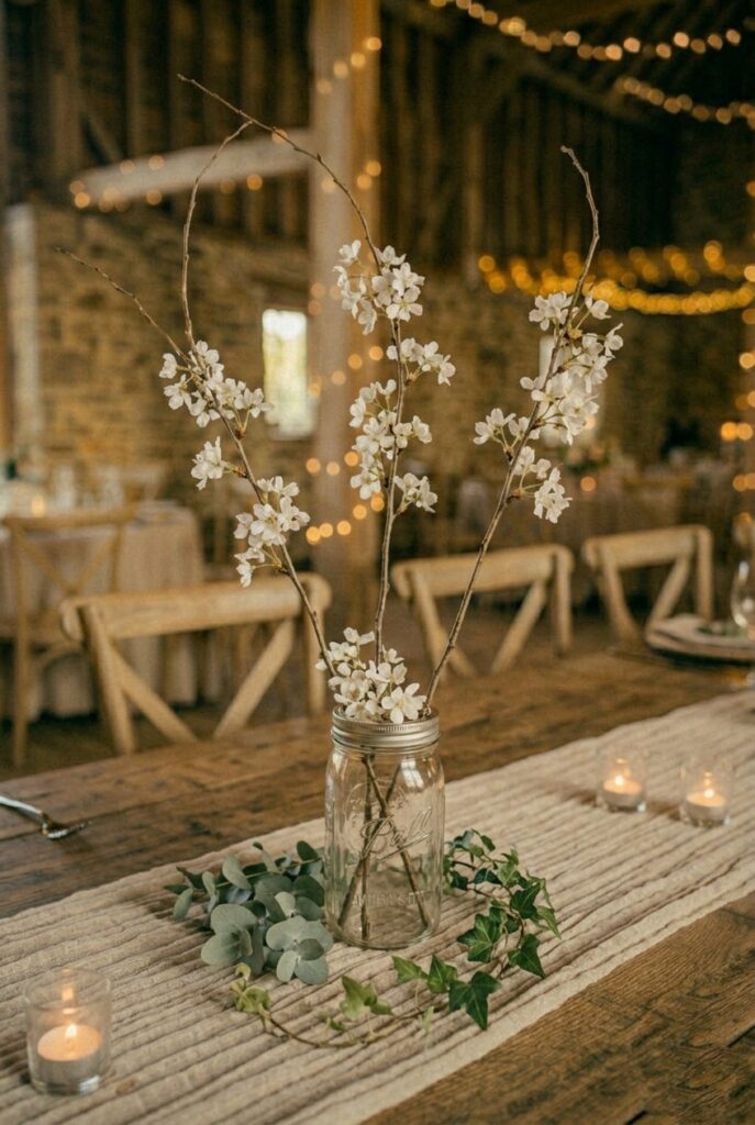 IMAGE 10 HERE Alt text: Tall flowering branch arrangement in a large glass canning jar as rustic wedding centerpiece at barn reception Image prompt: Photorealistic portrait shot of a rustic wedding centerpiece featuring one large glass canning jar holding three tall decorative branches with small white blooms, with loose eucalyptus and one trailing ivy stem at the base. Simple and edited, not overstuffed. Set on a wood slice on a wooden farm table. Soft natural window light, warm afternoon tone. No text overlays. Generate in vertical portrait orientation, 2:3 aspect ratio, optimized for mobile display.