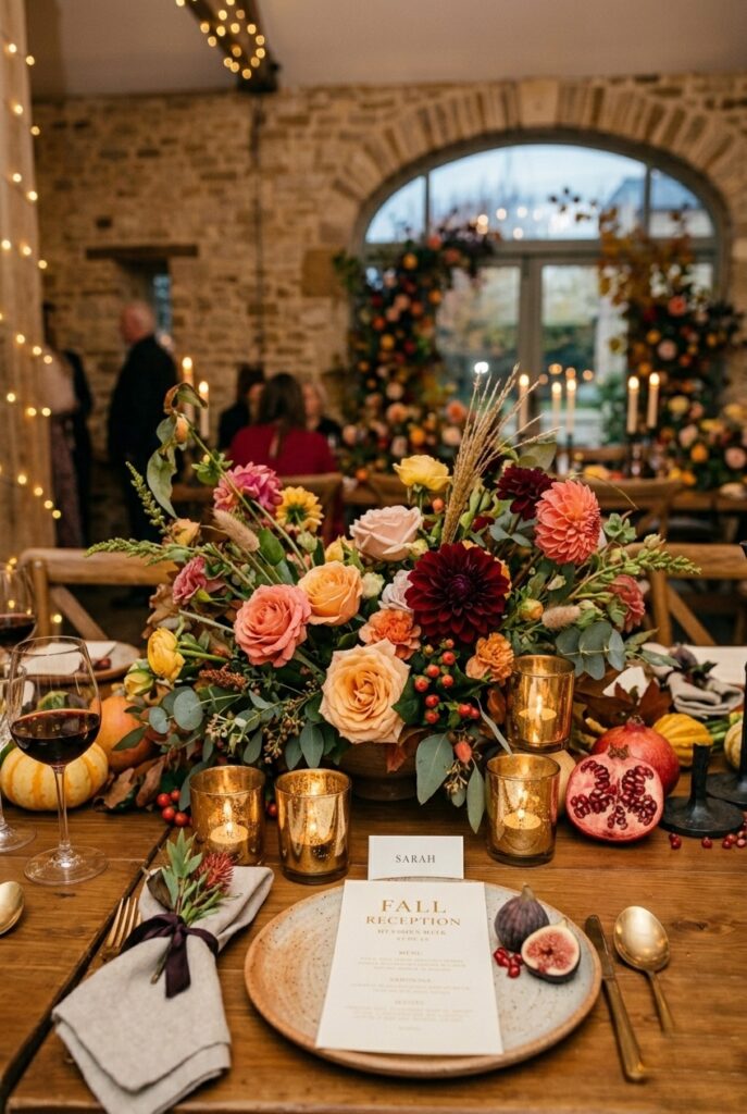 IMAGE 1 HERE Alt text: Deep burgundy and plum dahlia centerpiece with ivory candles and eucalyptus at a fall wedding reception Image prompt: Photorealistic portrait shot of a fall wedding table centerpiece featuring a low wide-mouth ceramic vase filled with three large deep burgundy dahlias and two cafe au lait dahlias, surrounded by trailing eucalyptus, dried fern fronds, and small sprigs of hypericum berries. Two brass votive candle holders with ivory taper candles flanking the arrangement. Warm romantic candlelit atmosphere with soft amber background bokeh. Wooden farm table surface visible beneath the arrangement. No text overlays. Generate in vertical portrait orientation, 2:3 aspect ratio, optimized for mobile display.