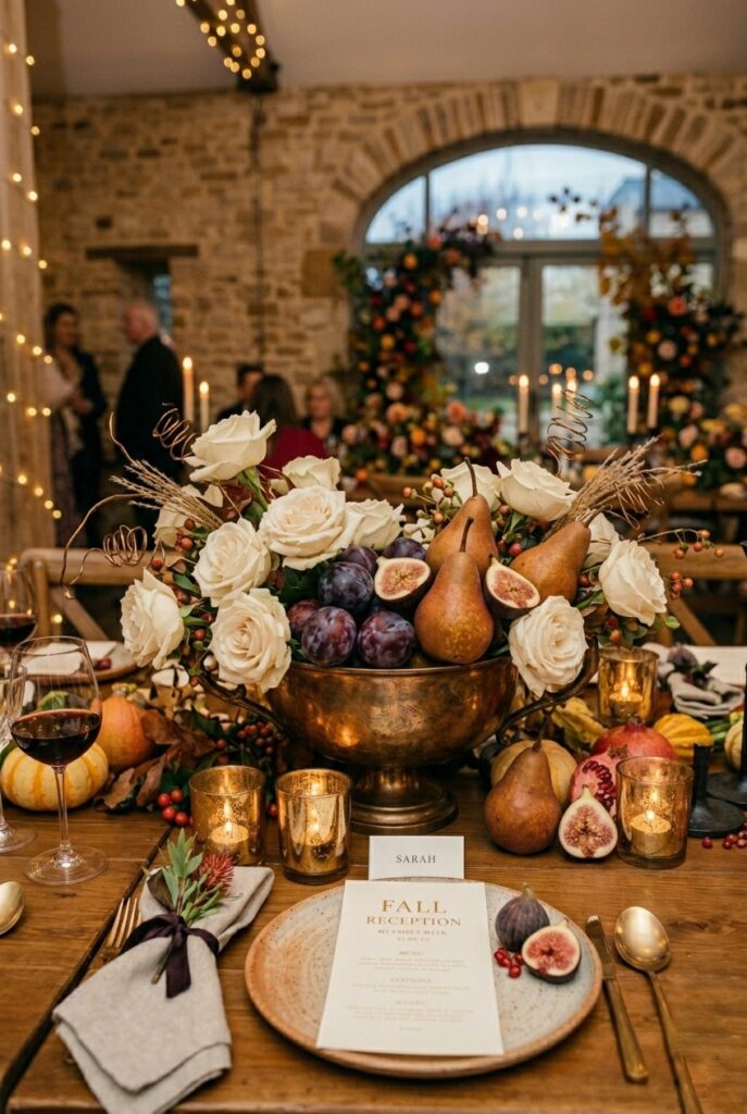 IMAGE 2 HERE Alt text: Fall wedding centerpiece with open figs, Bosc pears, dark plums, ivory roses, and eucalyptus in a low bronze vessel Image prompt: Photorealistic portrait shot of a fall wedding table centerpiece in a low matte bronze ceramic vessel, containing a mix of ivory garden roses, trailing eucalyptus, three open-faced figs showing their dark garnet interior, two whole Bosc pears with stems, and a handful of dark purple plums. Arrangement feels abundant and organic, not overly structured. Warm romantic candlelit atmosphere with soft amber light. Wooden farm table surface visible. No text overlays. Generate in vertical portrait orientation, 2:3 aspect ratio, optimized for mobile display.