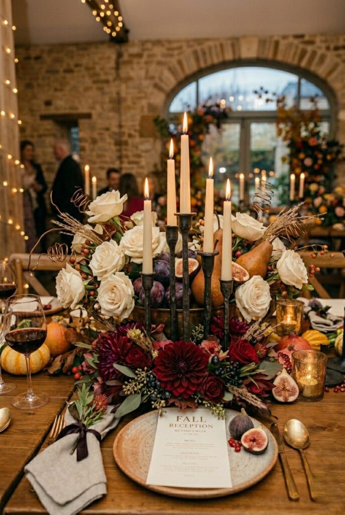 IMAGE 3 HERE Alt text: Cluster of tall ivory taper candles in dark iron candlesticks with fall foliage and burgundy florals at a wedding table Image prompt: Photorealistic portrait shot of a fall wedding table centerpiece built around four dark wrought iron candlesticks of varying heights (10", 14", 18", and 22") holding slender ivory taper candles. Base clustered with loose burgundy dahlia heads, dried eucalyptus sprigs, and small orange bittersweet berries. Warm romantic candlelit atmosphere, rich amber glow from candle flames visible. Dark iron contrasts with warm ivory and burgundy tones. No text overlays. Generate in vertical portrait orientation, 2:3 aspect ratio, optimized for mobile display.