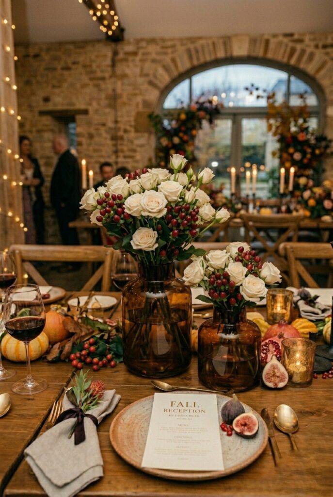 IMAGE 4 HERE Alt text: Smoked amber glass vases and colored vintage glassware holding fall flowers at wedding reception table Image prompt: Photorealistic portrait shot of a fall wedding table centerpiece using three smoked amber glass vases of varying heights — short, medium, and tall — holding ivory spray roses, hypericum berries, and eucalyptus. A small vintage amber highball glass repurposed as a votive sits nearby. Rich warm amber light from candles reflects through the glass vessels. Wooden farm table surface, linen runner visible. Warm romantic candlelit atmosphere. No text overlays. Generate in vertical portrait orientation, 2:3 aspect ratio, optimized for mobile display.